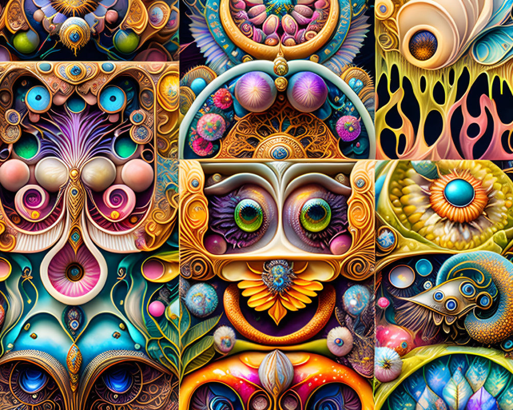 Vibrant digital art collage with intricate eye-like patterns and surreal aesthetic