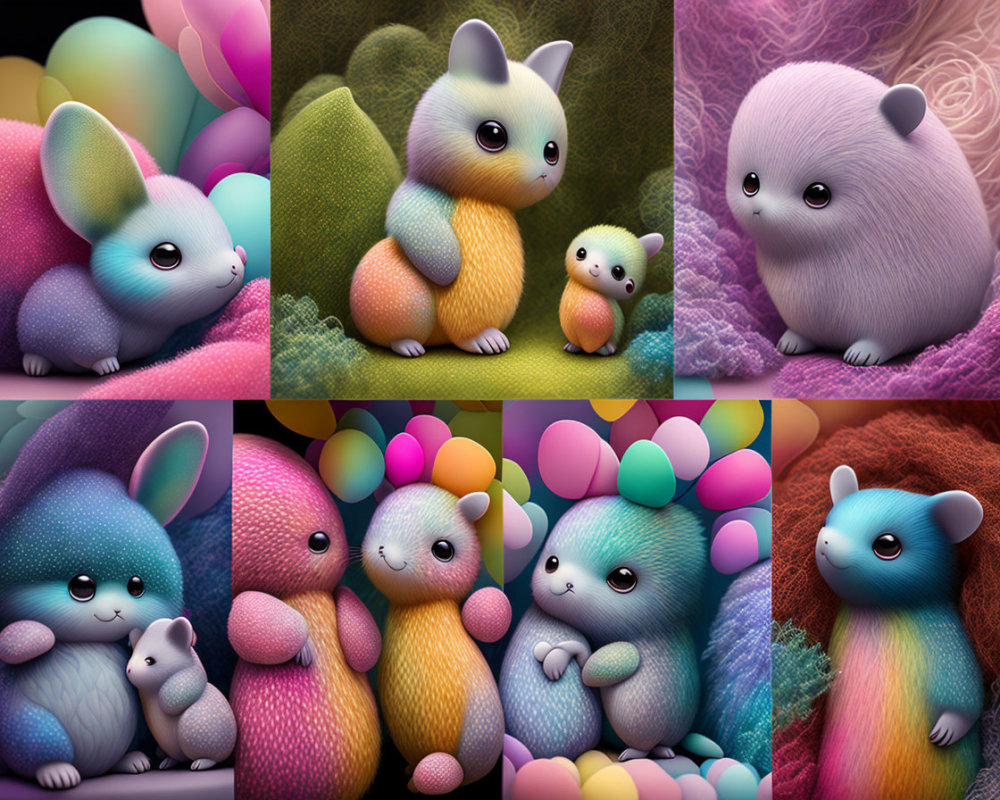 Whimsical fluffy bunny creatures in vibrant, illustrated fantasy montage