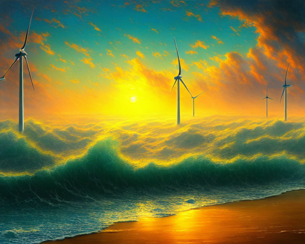 Vibrant orange sunset at offshore wind farm with large waves