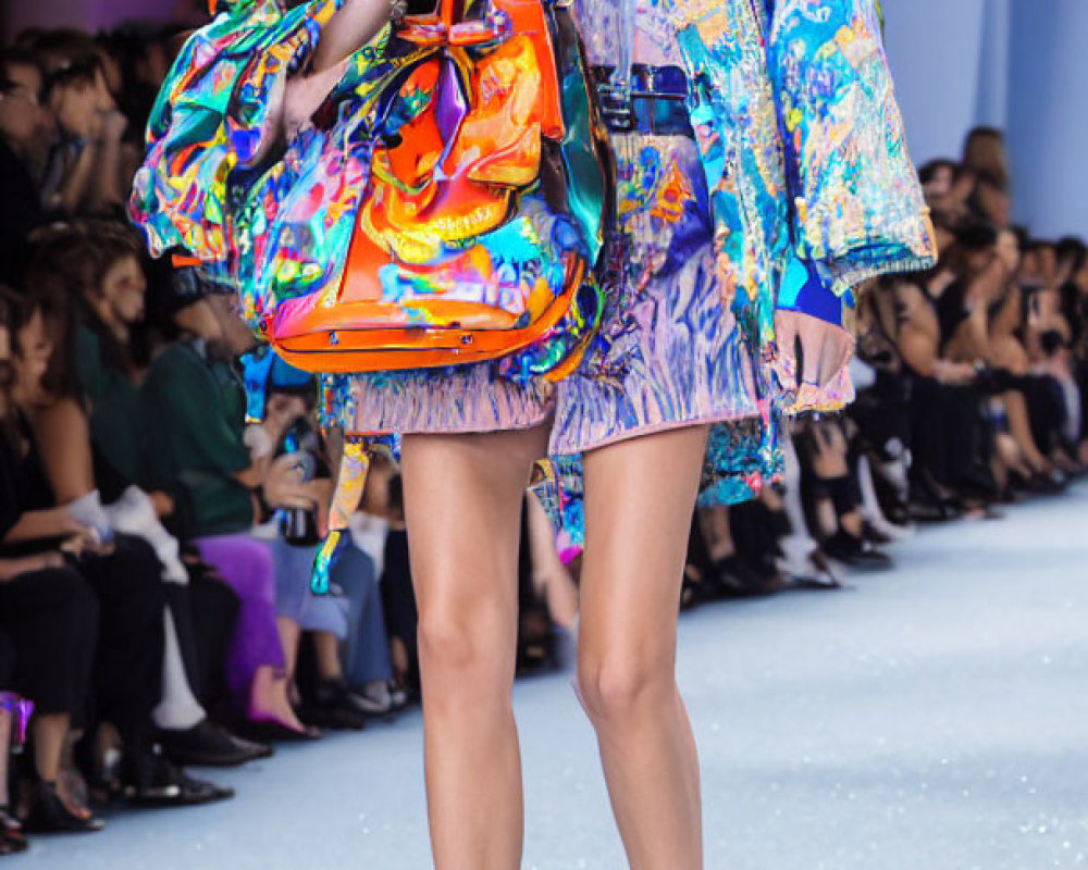 Fashion model showcasing vibrant, patterned outfit and statement accessories on a colorful runway