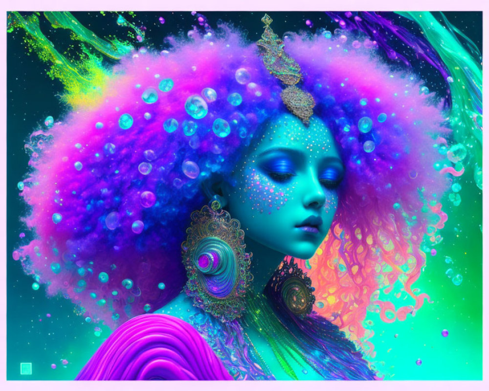 Colorful digital artwork: Woman with purple hair, bubbles, crown, and golden jewelry in neon swirl