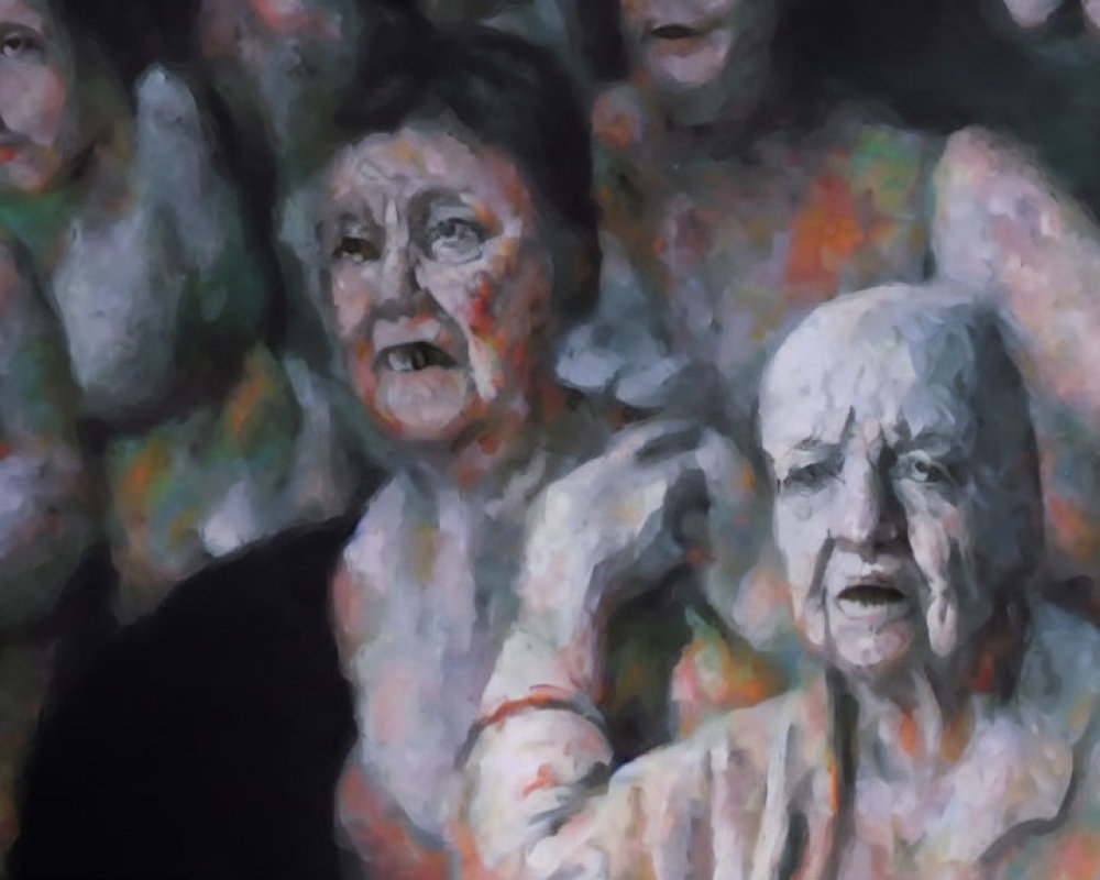 Expressionist painting of distressed figures with exaggerated facial expressions
