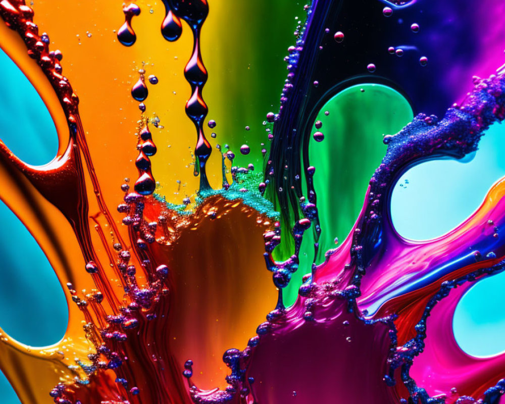 Colorful liquid bubbles and droplets on vibrant background
