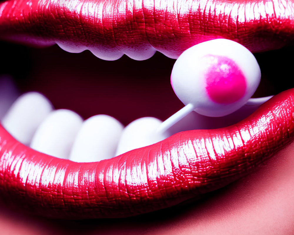 Detailed shot of red lips with white lollipop, showcasing texture of lipstick.