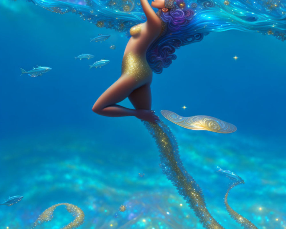 Golden mermaid with ornate tail and hair decorations in underwater scene.