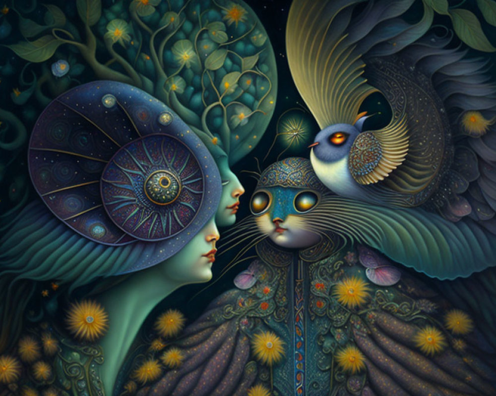Stylized cosmic and avian figures embracing in fantastical flora under starry sky