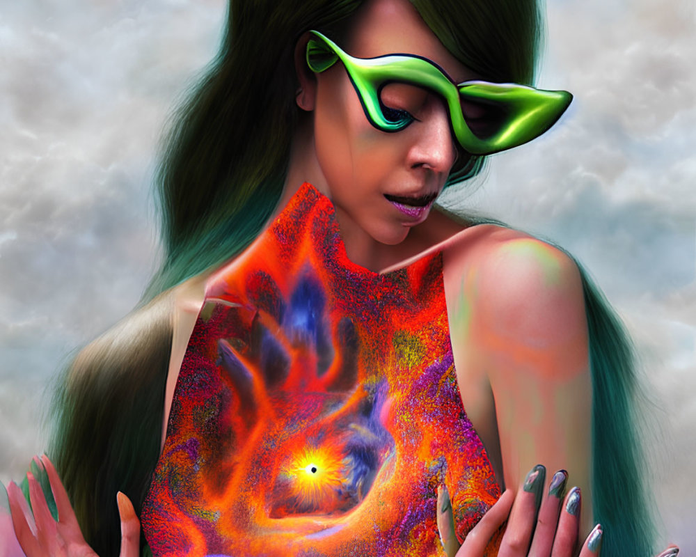 Surreal portrait of woman with green hair and futuristic sunglasses in galaxy-like design.