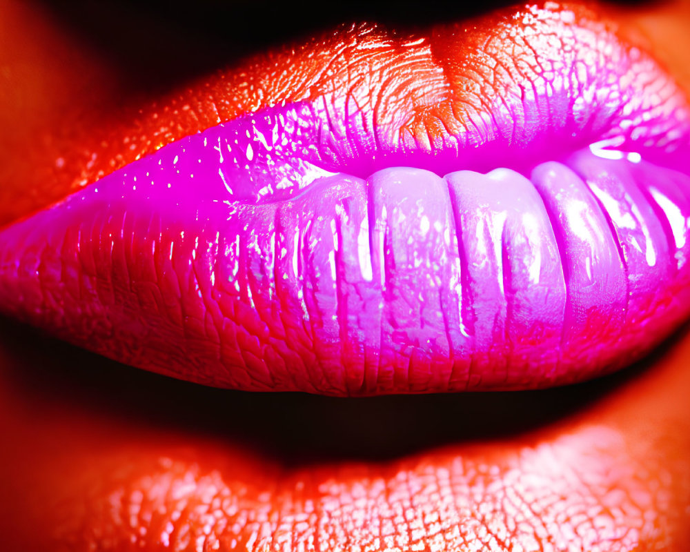 Vibrant pink lipstick on luscious lips against rich orange texture
