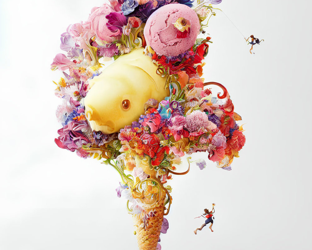 Colorful Flower, Ice Cream, and Popsicle Scene with Tiny Human Figures