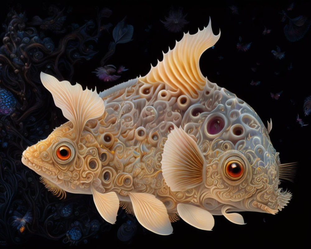 Intricate surreal fish art with swirling patterns on dark background