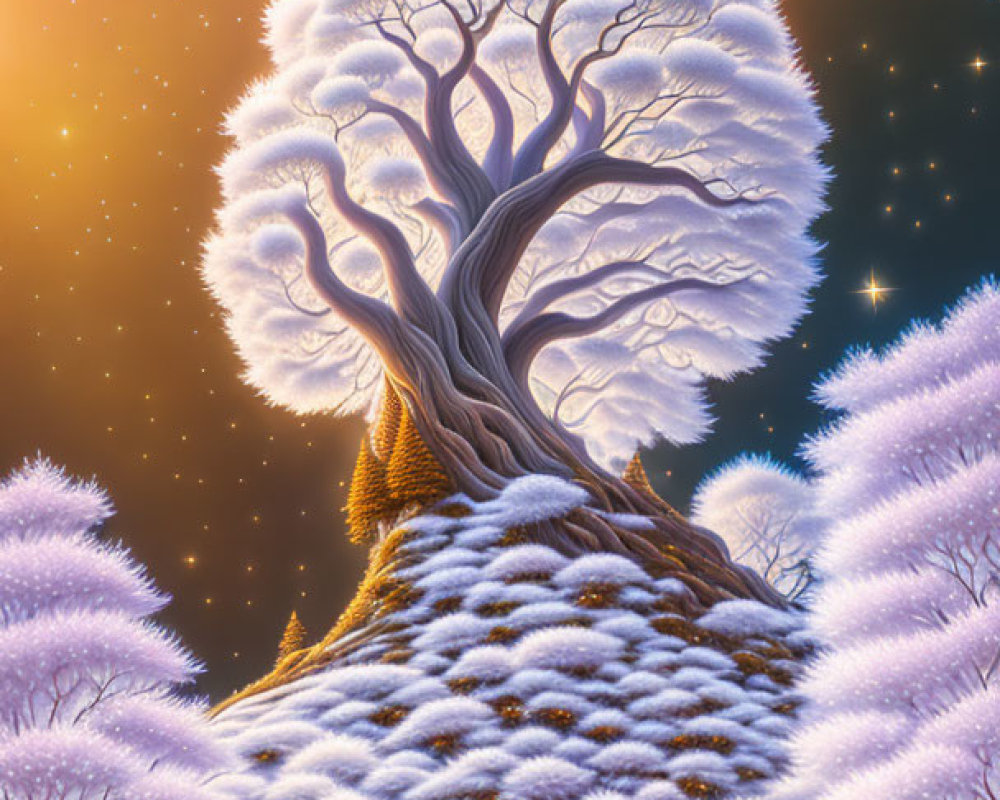 Surreal illustration of luminous tree on snowy hill under starry sky