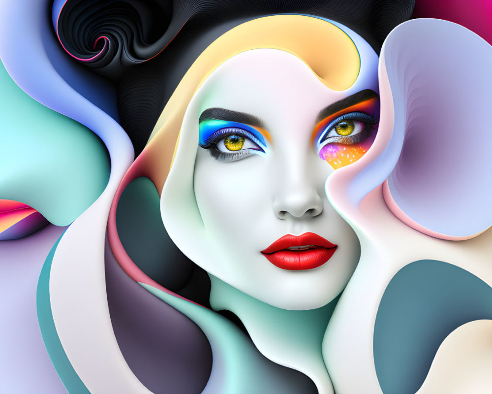 Colorful surreal illustration of woman's face with abstract shapes and bold makeup.