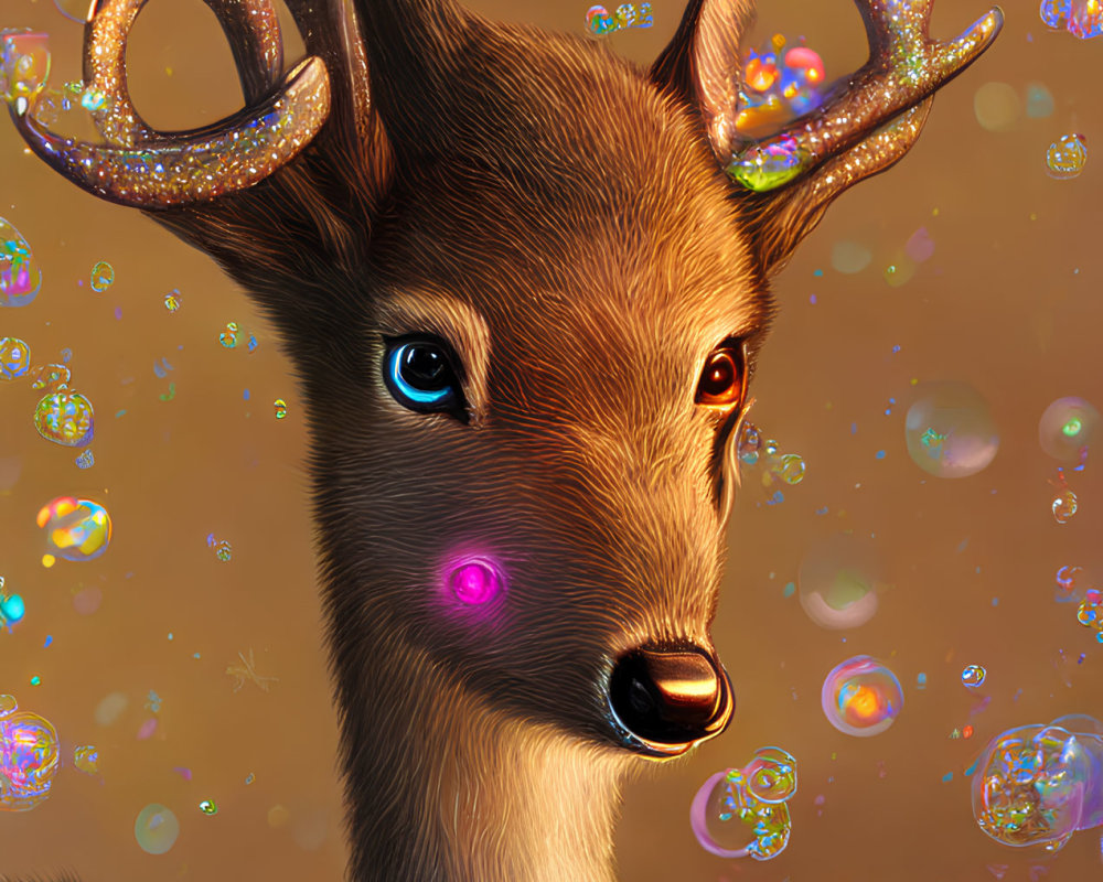 Whimsical deer illustration with sparkling antlers and colorful bubbles