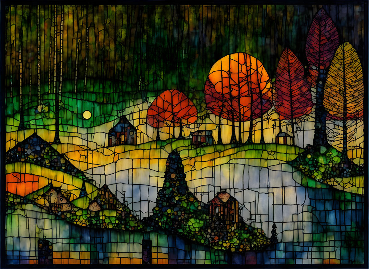autumn landscape patchwork, watercolor
