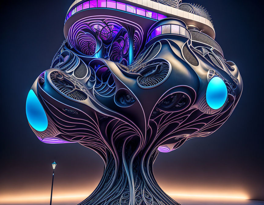 Futuristic tree-shaped building with intricate designs and glowing blue accents