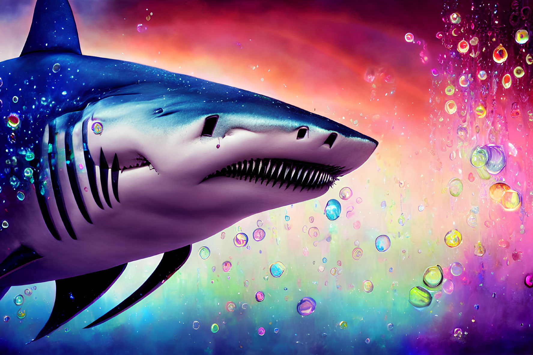 Colorful Shark Illustration with Bubbles in Purple Underwater Scene