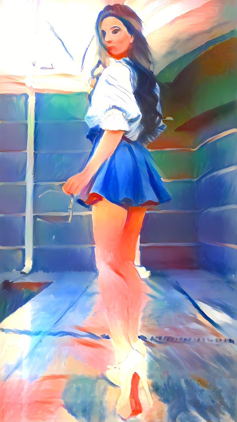 model in heels & skirt by pool, painting