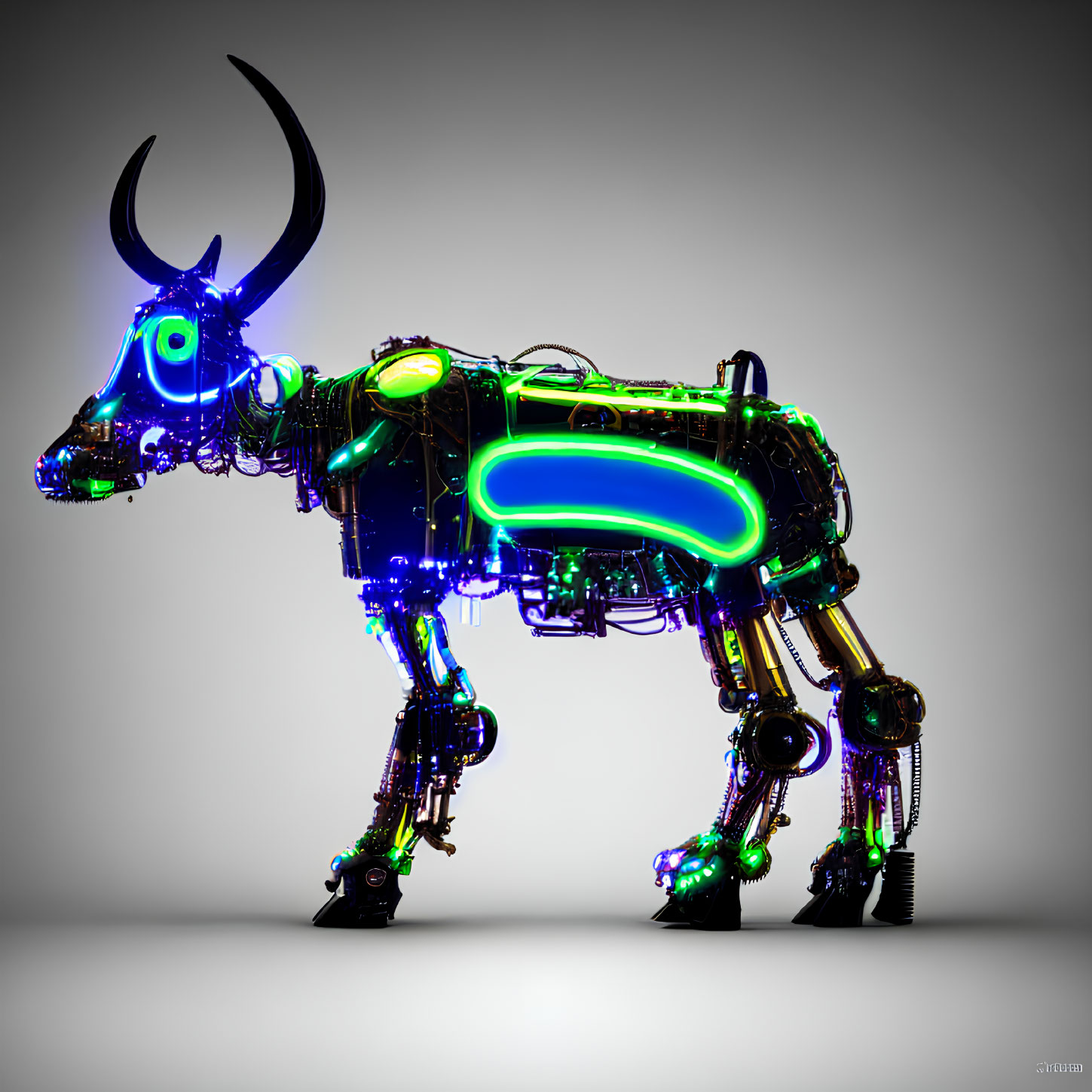 Futuristic 3D illustration of neon-lit robotic bull