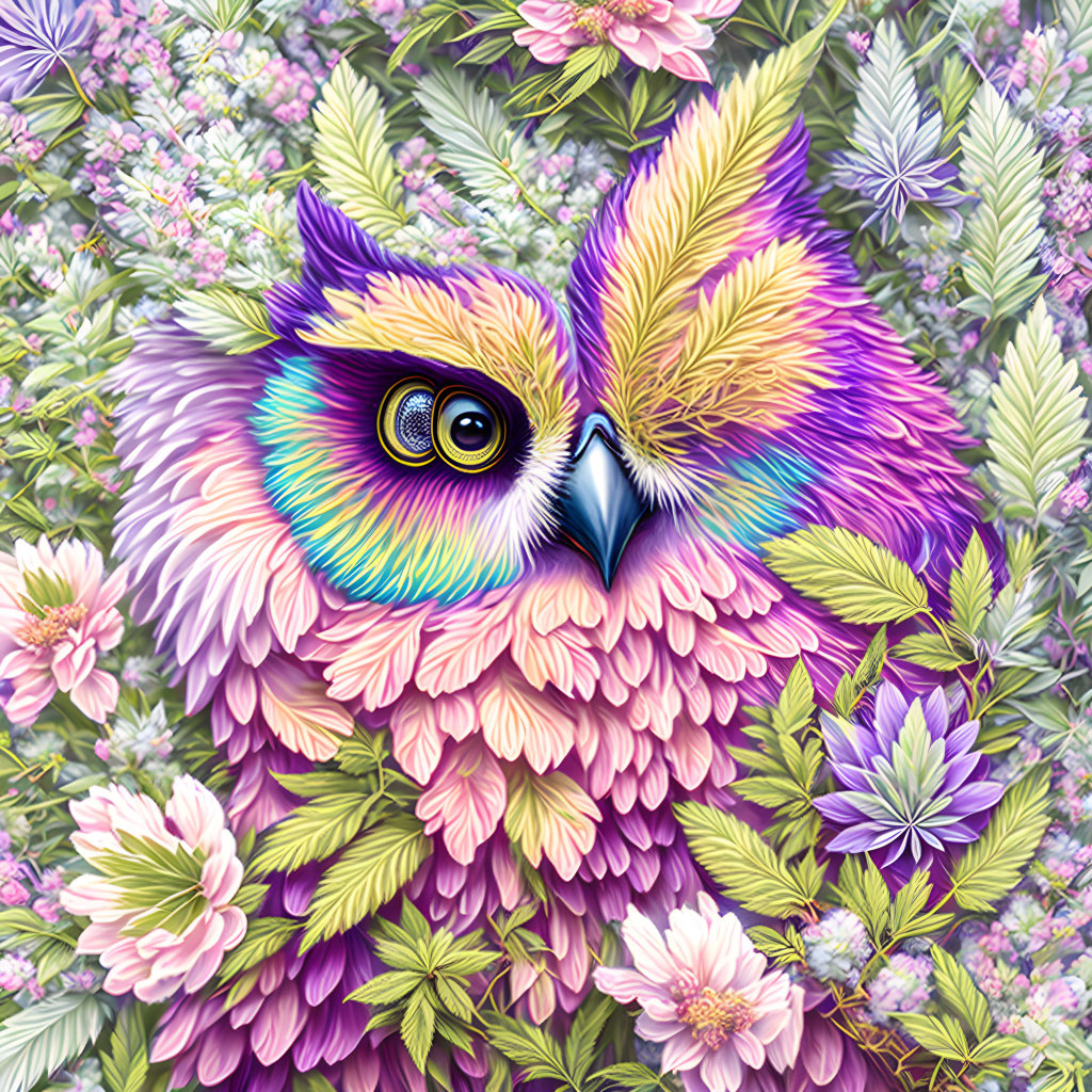 Colorful Owl Illustration with Floral Background
