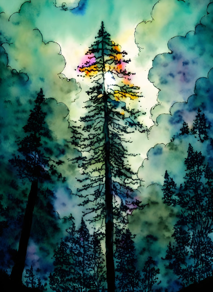 forest watercolor, clouds, trees, moonlight