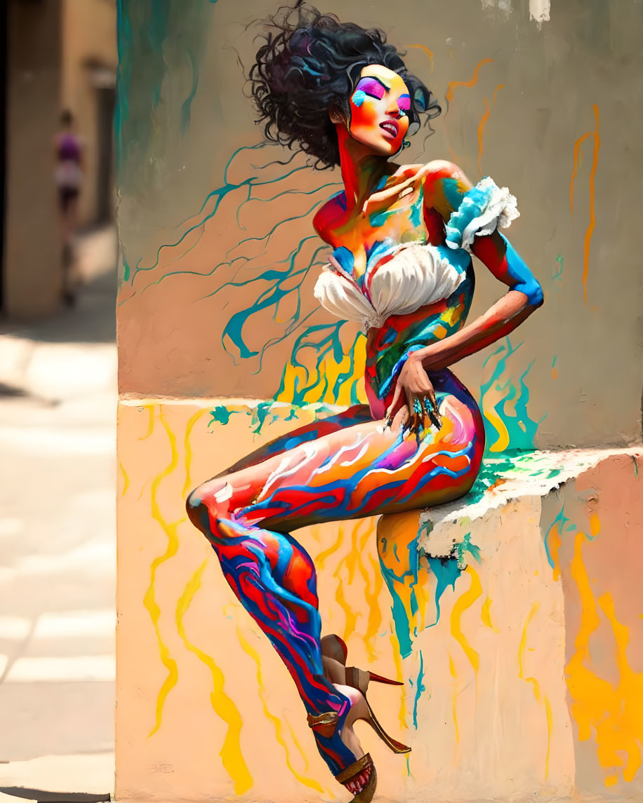 woman sitting, expressive full body painting