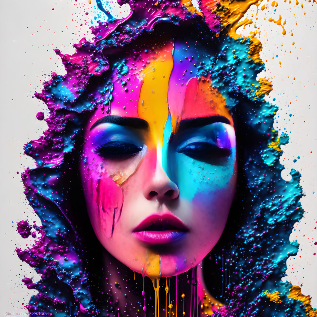 Vibrant portrait of a woman with colorful paint splashes
