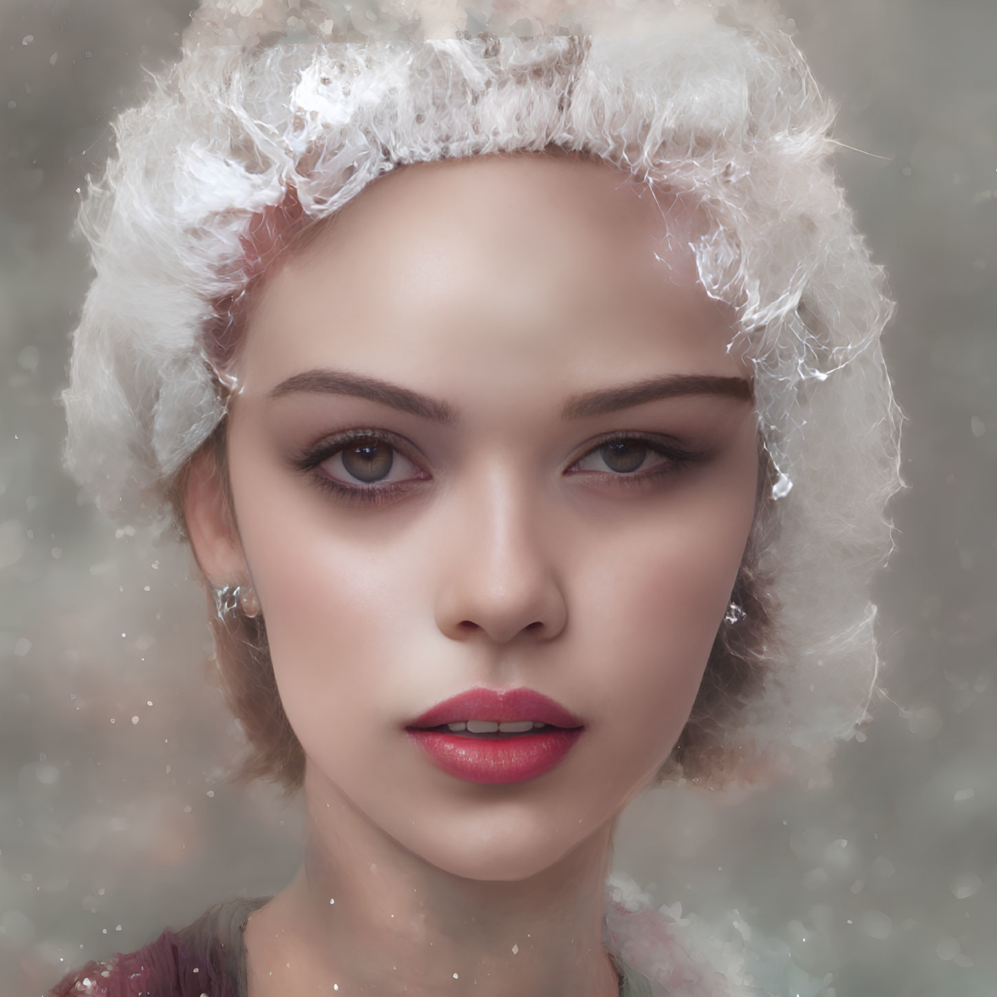 Woman Portrait: Striking Eyes, Red Lips, Snowy Hair, Sparkling Earrings
