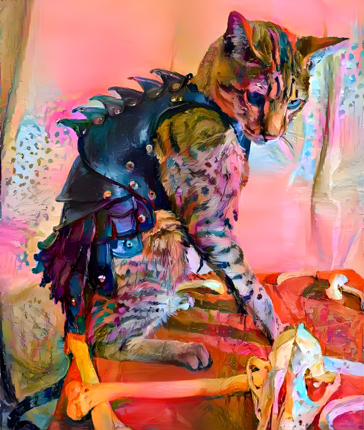 cat warrior with scattered bones, orange, painting