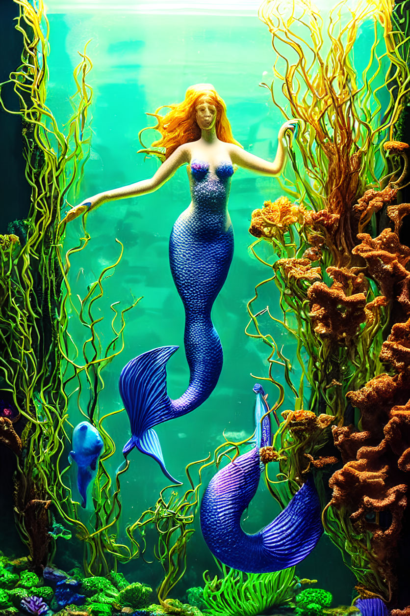 Blue-tailed mermaid with long red hair in vibrant aquarium scene