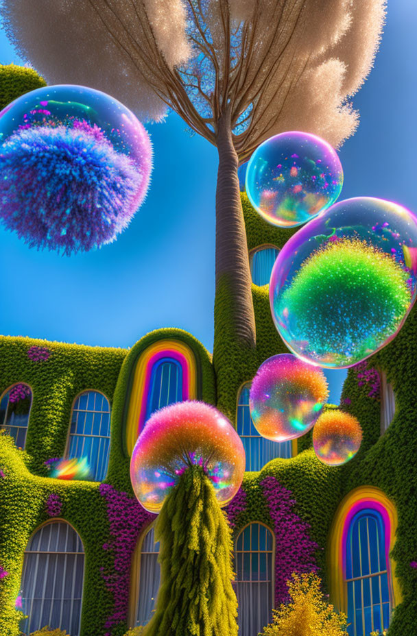 ai, photography, bubbles, building, tall tree