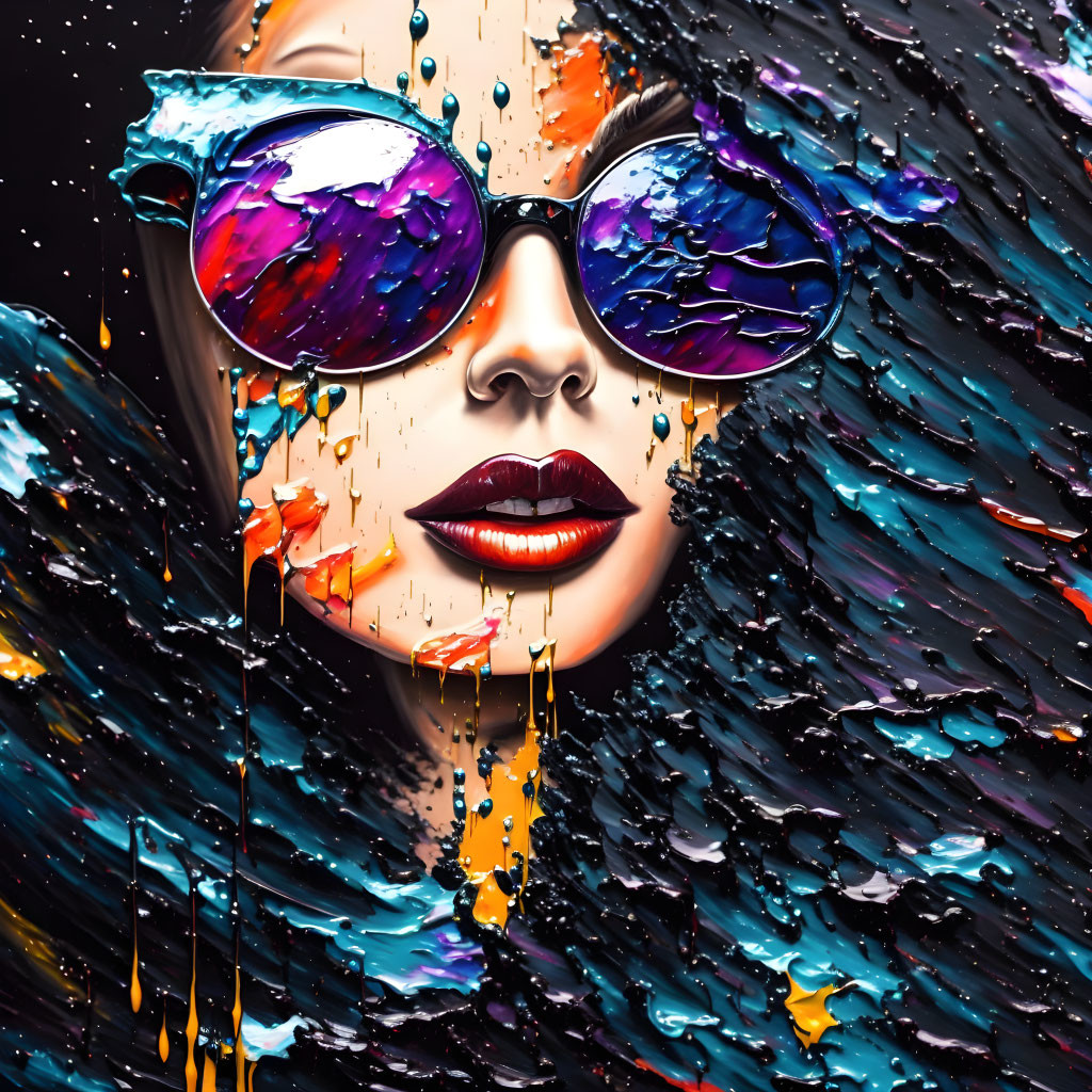 Colorful painting of a woman with sunglasses and flowing hair.