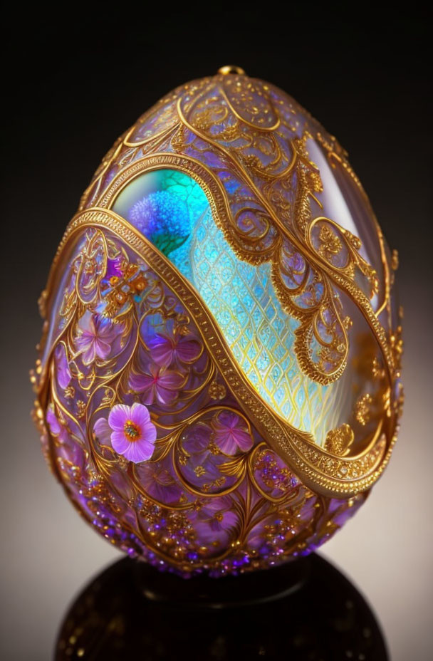 Intricate Gold Filigree Jeweled Egg with Purple Flowers and Blue Interior