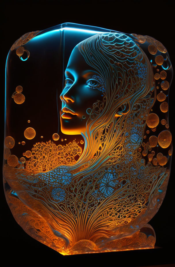 Intricate Crystal Sculpture of Woman's Profile with Detailed Patterns and Bubbles