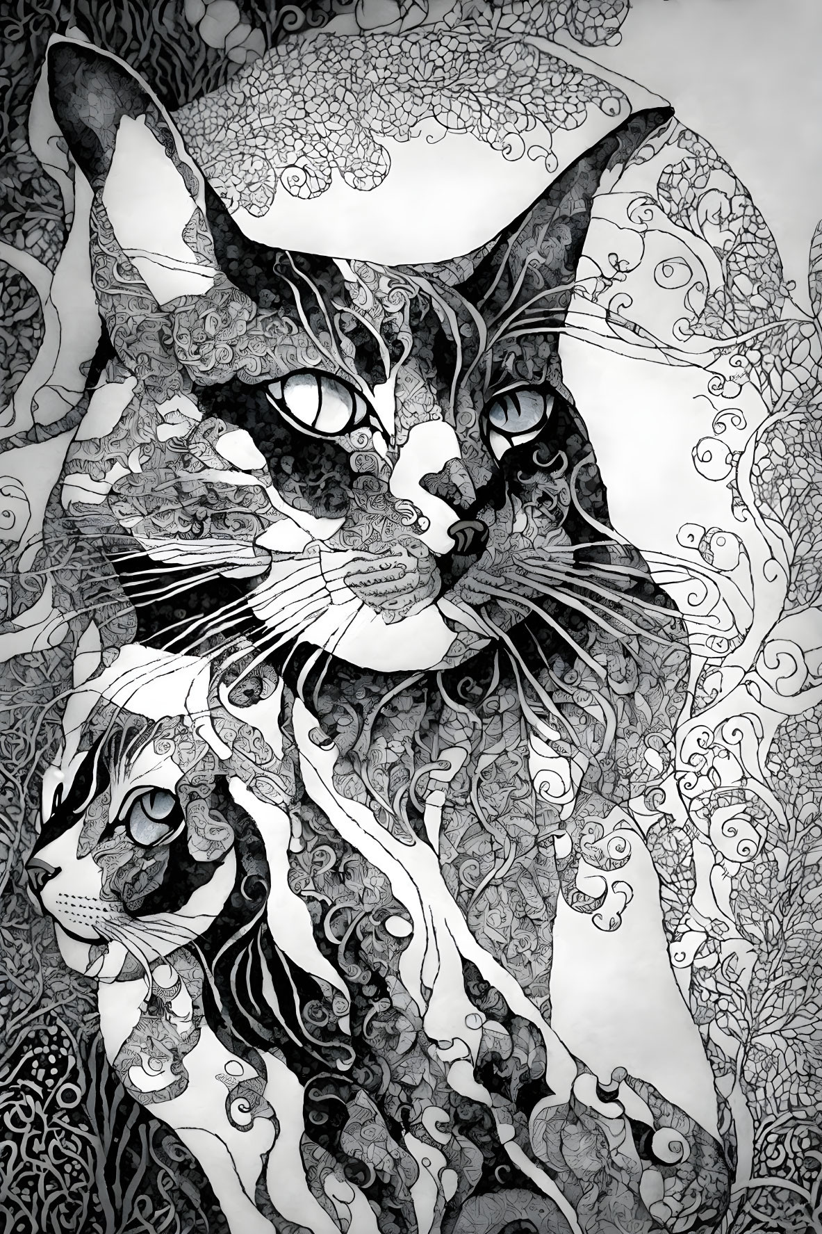 zentangle line art cat, black & white, ink
