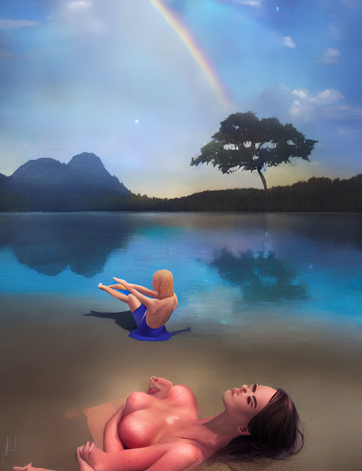 Woman lying on sandy shore gazes at surreal scene with figure on tree over calm lake and rainbow.