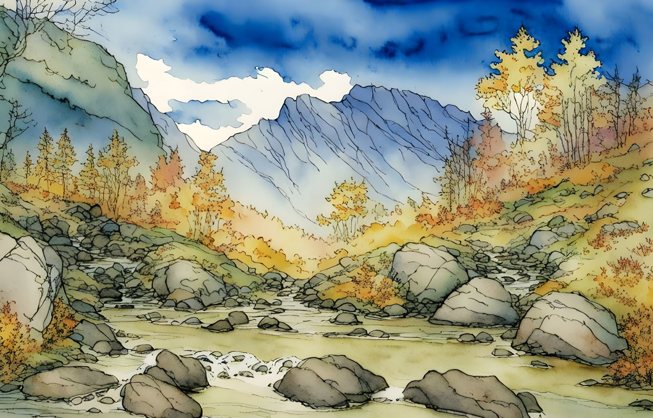 ai, mountain stream painting, fall, watercolor 2