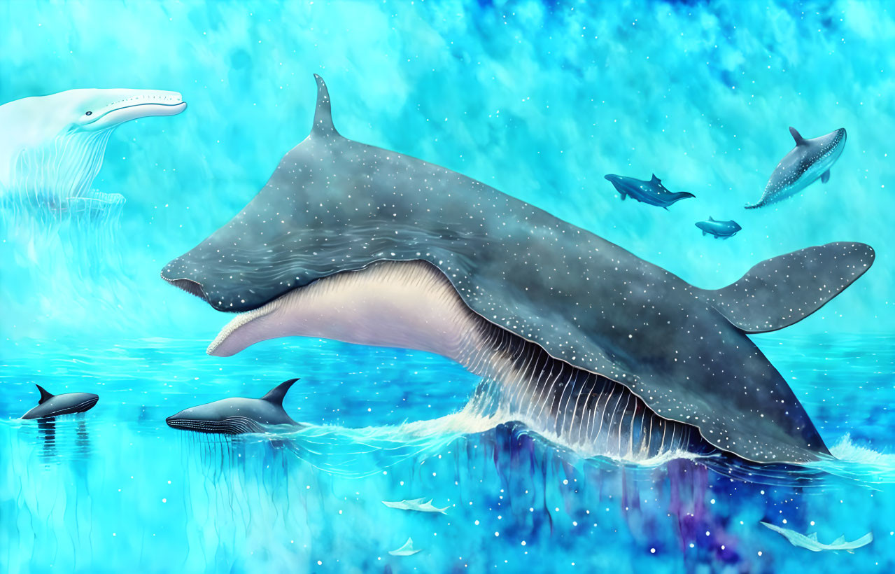 watercolor painting of whales, vibrant fantasy