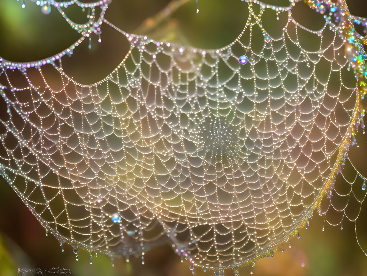 ai, iridescent dew drops on a spider web
