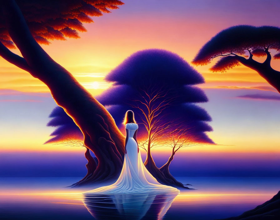 ai, woman in long dress, island sunset, surreal