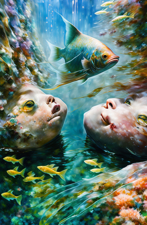 Underwater scene with two faces, fish, and coral in dream-like setting