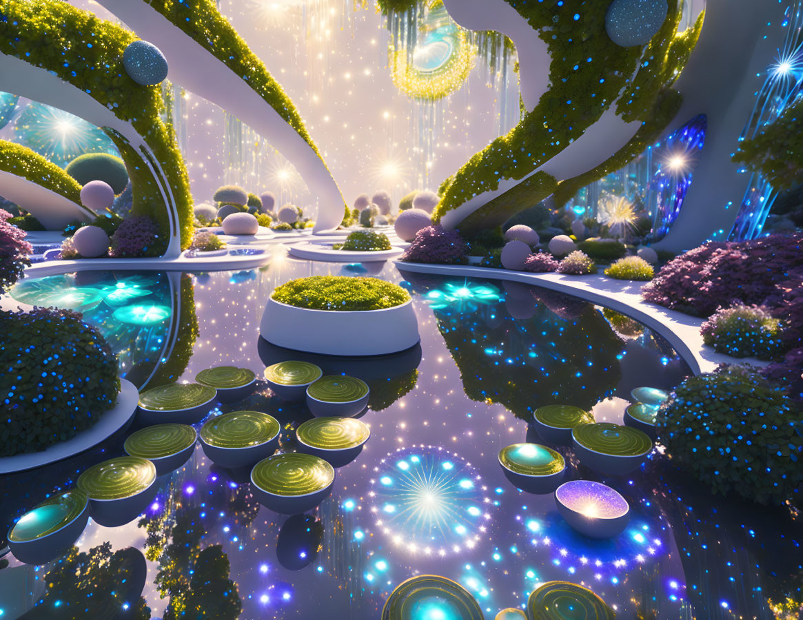 biomorphic futuristic fountain garden, starry sky