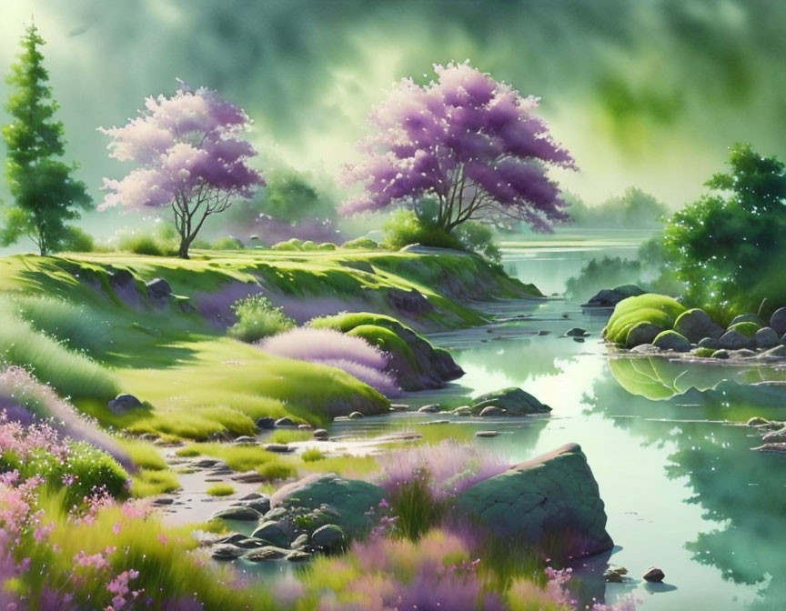 ai, soft watercolor landscape, green lilac purple
