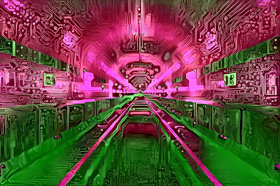 tunnel retextured, pink, green, gold circuit