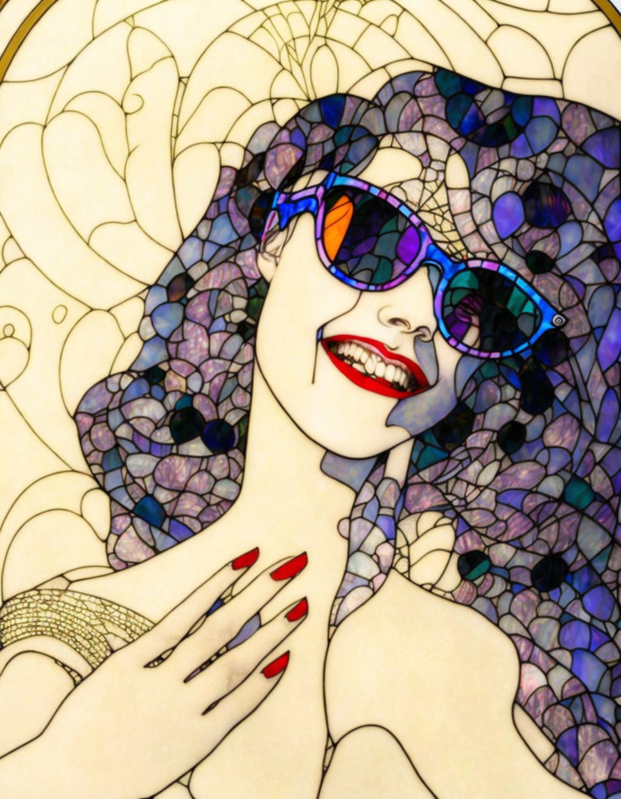 laughing girl wearing sunglasses stained glass art