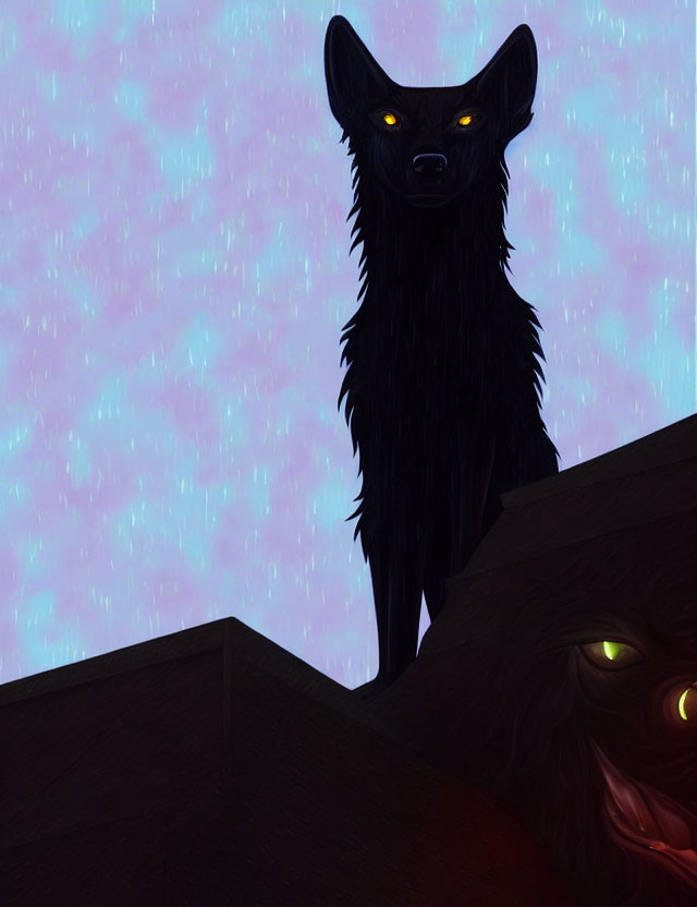 Black Wolf with Glowing Yellow Eyes on Rock Under Starlit Sky