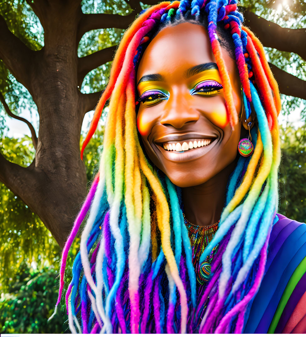 Colorful person with rainbow dreadlocks and vibrant makeup under sunlit tree