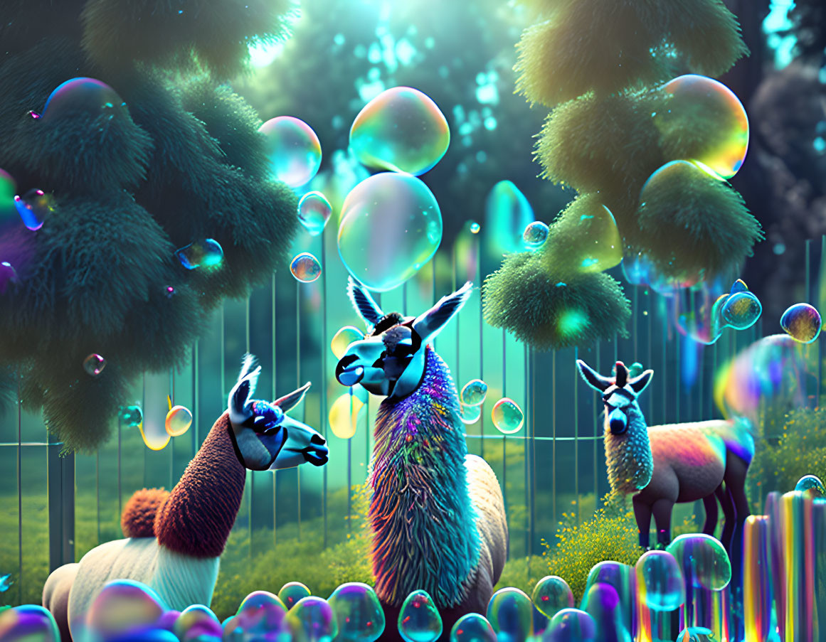 Vibrant llamas in surreal neon forest with bubbles & fluffy spheres