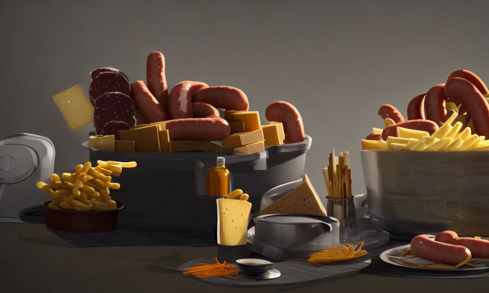Assortment of Snacks: Hot Dogs, Cheeses, Crackers & Condiments Displayed