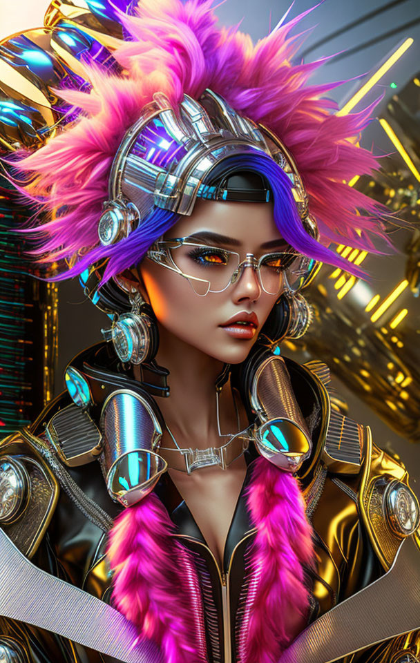 Futuristic woman in cyberpunk helmet and black suit with tech elements