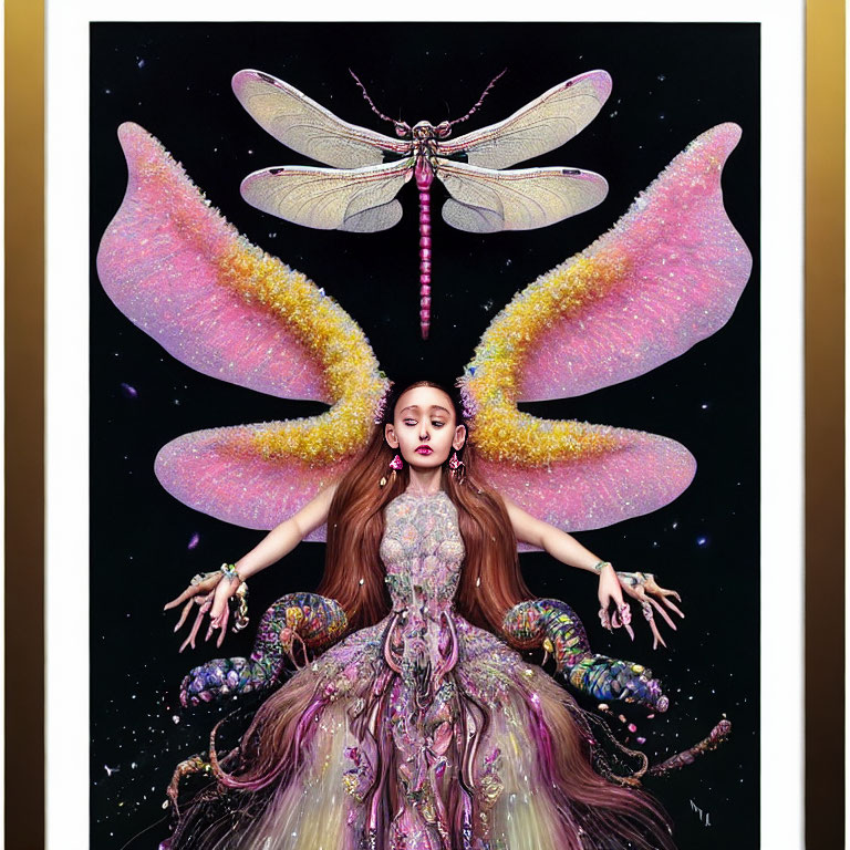 Digital artwork of woman in fantasy gown with butterfly wings and dragonfly in cosmic setting